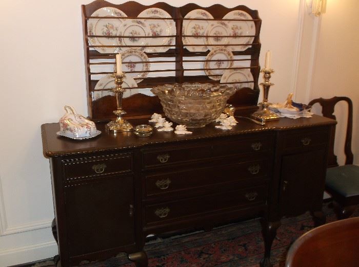 Buffet w/Fostoria American punch bowl and plate rack w/china