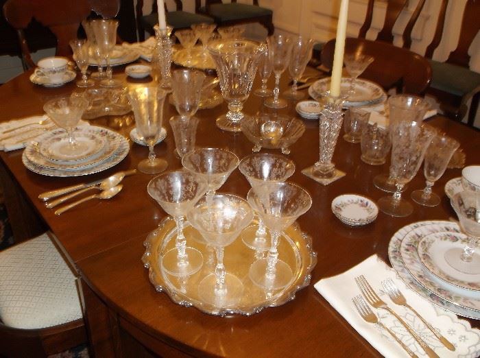 "Rosepoint" crystal by Cambridge: champagne goblets, water goblets, ice tea goblets, wine goblets, sherberts, cups/saucers, dessert plates, & serving pieces