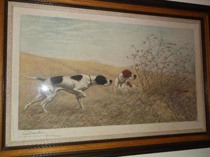Pheasant and hunting dogs signed print by Leon Danchin