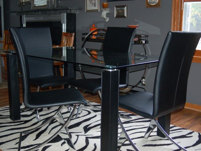 Contemporary Black Leather Dining Table and Chairs