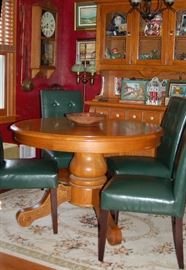 Oak Table and Green Leather Dining Chairs