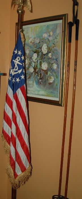 Patriotic American Flag and Vintage Ski Poles