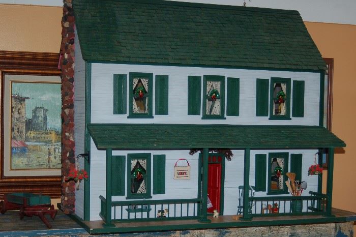 Wood Doll House with Christmas Decor