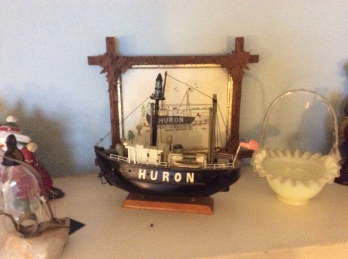 antique Huron Light Ship model and hand drawn pen and ink