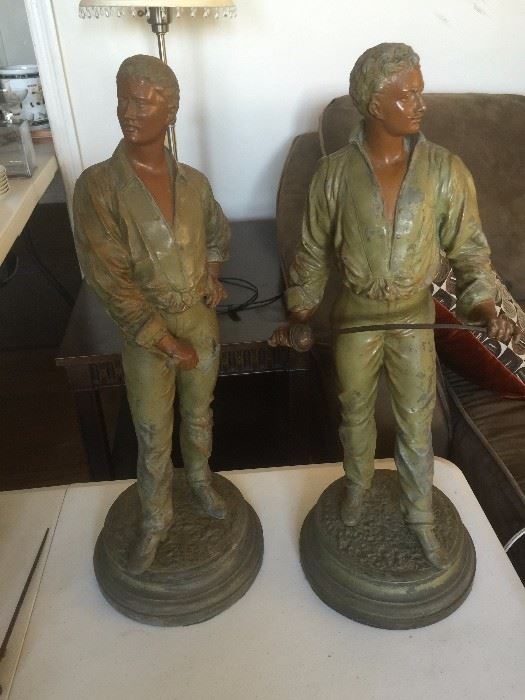 Pair of colored spelter fencers sculptures by Charles Masse. Signed 24"