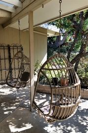 Pair of vintage bamboo MCM hanging, swinging egg chairs.