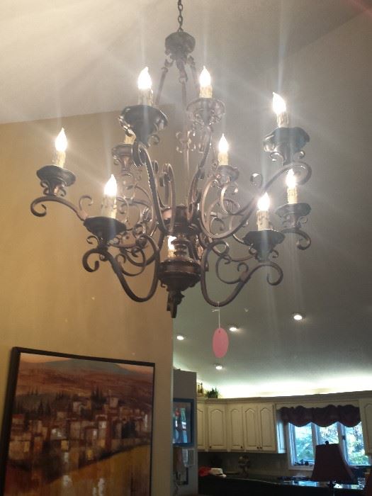 foyer chandelier with lights on