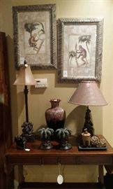 Monkey framed prints, lamps, drop leaf table