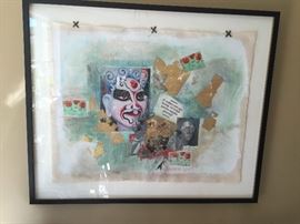 Original work by artist Sara Hauge. "Rebirth: Masks and Music."  Mixed media on linen.