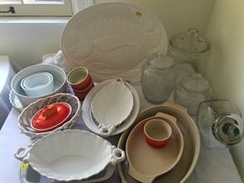 Le Creuset baking dishes, platters, serving pieces, vintage and contemporary storage jars.