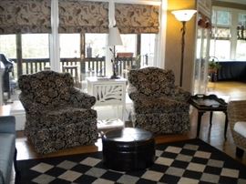 Matching sitting chairs and dark brown ottoman/storage