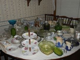 Cake plates, depression glass, Cobalt glass, sleepy eye pottery,wooden salt and pepper shakers,cut glass English tea cups and saucers