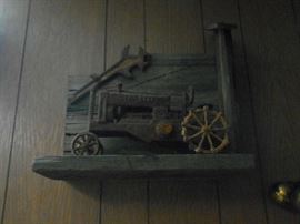Antique John Deere wrench and mini cast iron tractor
