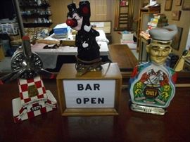 Bar open sign and vintage decanters