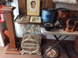 Wrought iron "Household" table, old photos, oak Newell post