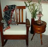 Antique Oak Rocker and Vintage standing sewing box.