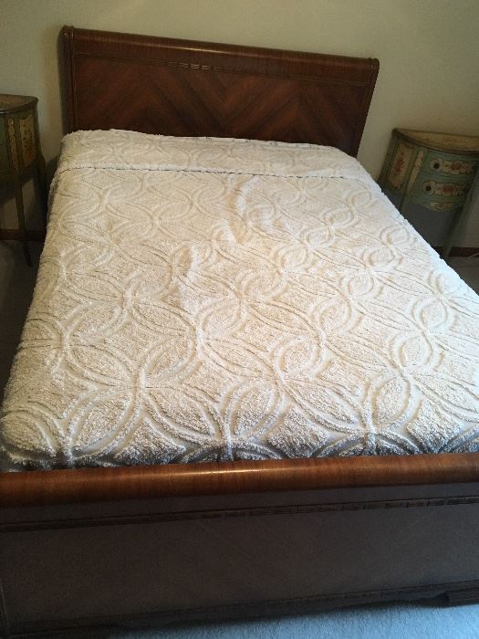 1930's-1940's Mid-century, art-deco, herringbone texture solid wood full size bed frame (part of a bedroom set). Mattress & boxspring included. Mattress was purchased about 5 years ago and used as an occasional guest bed. 