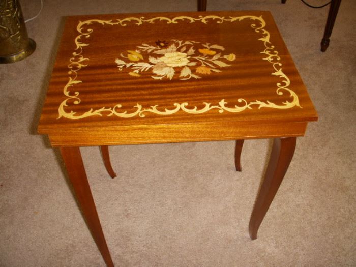 Inlaid top music box table.  Music plays when top is lifted