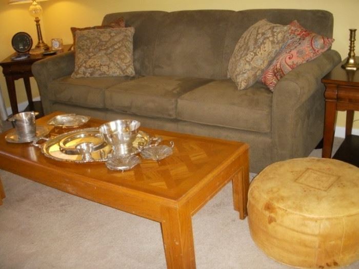 Micro-suede sofa, leather ottoman, oak coffee table