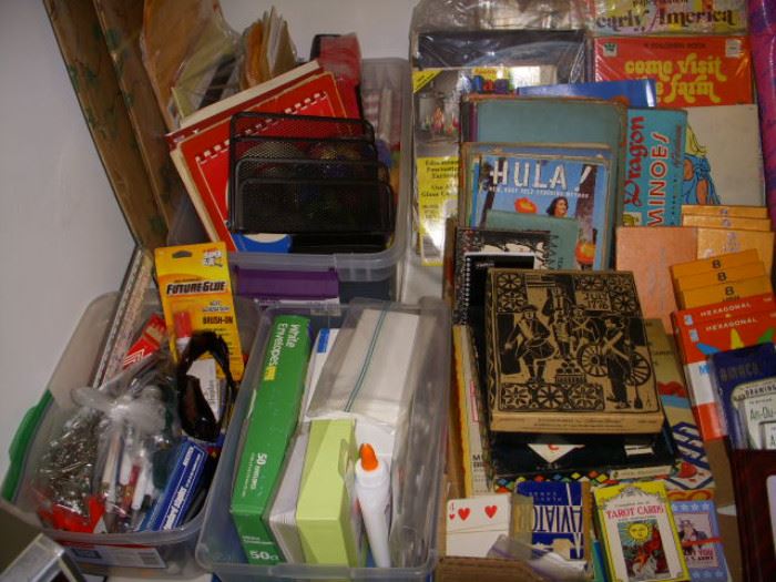 Assorted games, books, office supplies