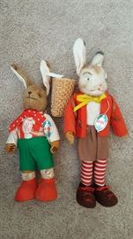 Kersa Mid 1900's Rabbit Dolls, one with basket and the other with backpack book bag. Never played with. Retain tags.