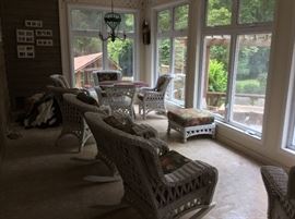 Wicker Set  Two Rockers, Chair and Ottoman and Glass top table with four chairs, two end tables - Beautiful set - made for the indoors