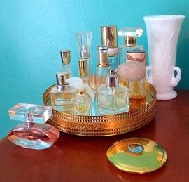 Collection of Perfume Bottles, Milk Glass, & Vanity Items