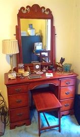 Semi-Vintage Vanity / Ladies Desk with Mirror, Trinket Boxes, Lamp (Gold Column Style), Duck Figurine, Mantle Clock & More