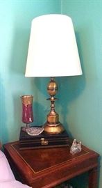 Vintage Brass Lamp, Vintage Faux Leather Jewelry Box (Black & Gold), Tea Light Candle Holder, Vintage Glass