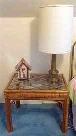 Vintage Rattan & Glass End Table, Vintage Brass Lamp