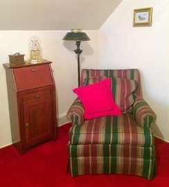 Arm Chair, Small Drop Front Secretary, Vintage Standing Lamp, Anniversary Clock, Coaster Carrier, Small Vintage Print