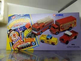 corgi classics 31703 land rover, morris minor pick-up, thames trader & aec fire engine
