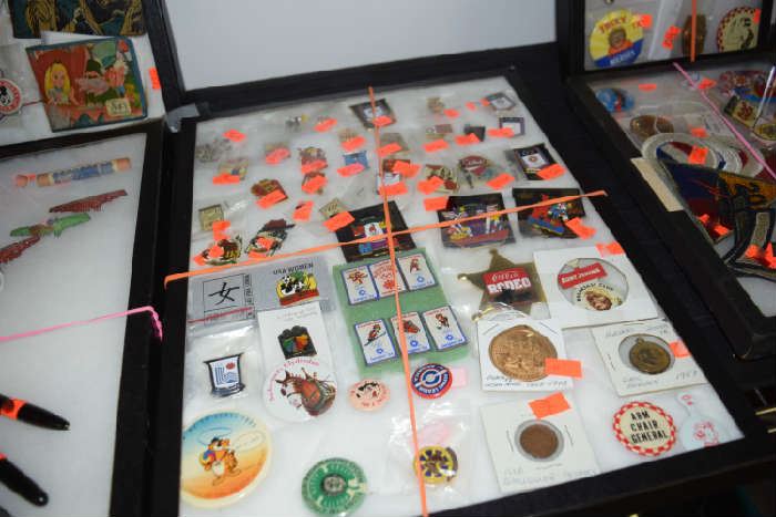 Various Bins and Advertising Buttons, Tokens, Elvis Buttons, Airline Pilot Wings for Kids