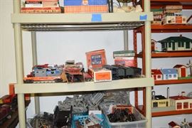 Train cars, some with boxes, Track and Parts