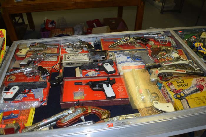 Toy Cap Guns, Buck Rogers, Flintlocks, Pistols, on cards or with boxes