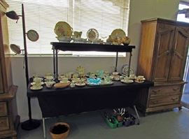 Antique and Vintage Glassware, Pole Lamp, Armoire, Silverware, Ruby Glasses, Cups Saucers, Art Glass
