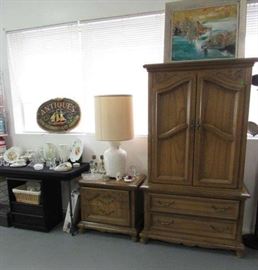 Night Stand, Armoire, Glassware, Cooper Lamp, Sign, Painting, Luncheon Set, Pitcher