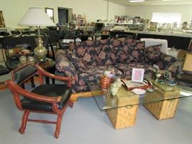 Schnadig Curved Armed Sofa, Table, Ginger Jars, Dragon and Key Lamp, Vases, Tray, More