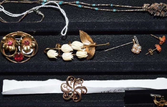 Broach Pins Earring Pendants, Bone Carved Flowers on Gold, Opal and Gold, Coral Earrings