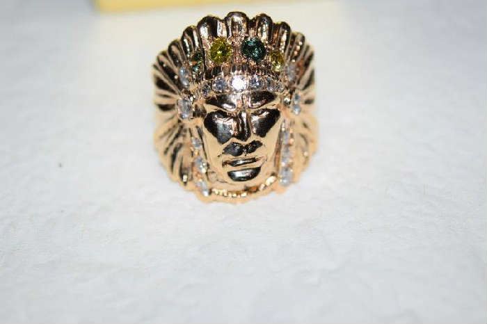Gold Indian and Diamond Man's Ring, (not kept on site), 15.8 G, 14 K Test, Full Head Dress with Round Brilliant Cut Diamond.  25 CT, Fancy Deep Treated Light Yellow Color Round Diamond .25, 4 Rd Cut Diamonds + Apx .12 CT & More