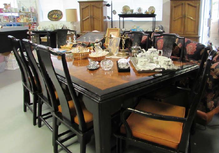Century Furniture Dining Set, Asian Tea Service, Yellow Pedistal Glasses, Armoires