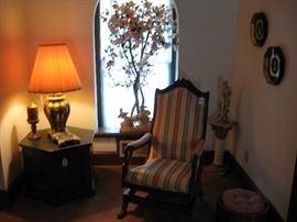 Antique platform rocker. Slate top end table.