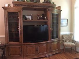 Five piece maple entertainment center. 42" Samsung HDTV, Antique chair
