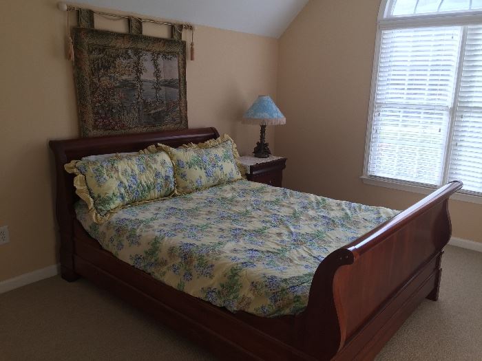 Sleigh bed, end table, lamp and tapestry. Seldom used.