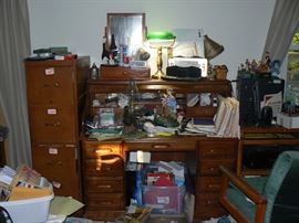 Roll Top Desk with wooden filing cabinet and chair and side bookcase