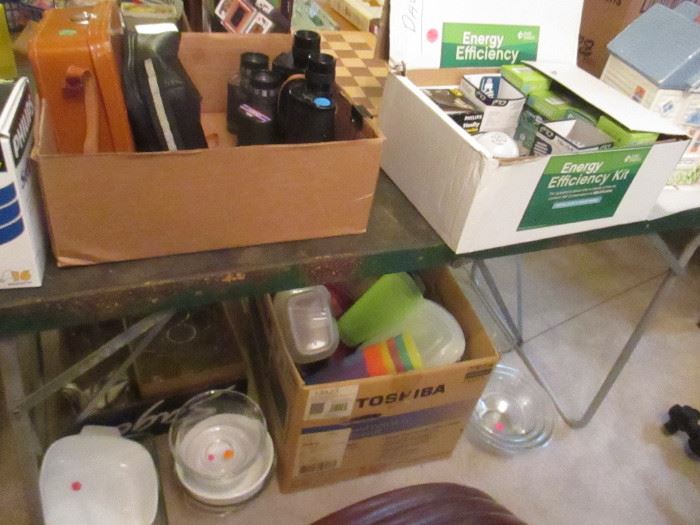 kitchen itms, binoculars, light bulbs, dishes plastic items chess set, star wars game and records
