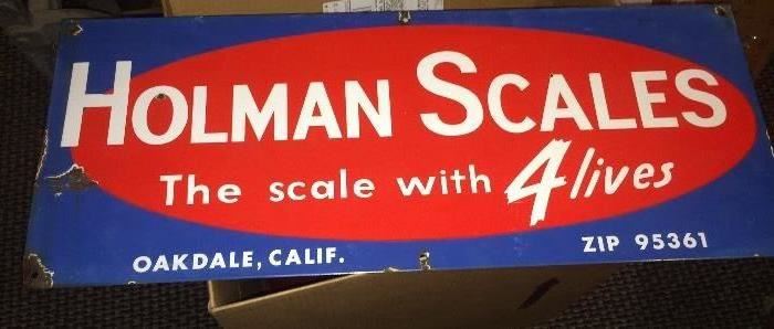 Holman Scales Porcelain Sign. A local Oakdale Company Through the 1960's. Their scale had a square pivot pin, when worn could be turned to re-use 3 addition times