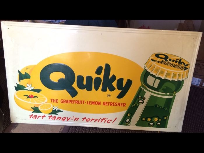Very Rare Quiky Drink sign, a drink sold only by Oakdale Soda Works. Oakdale Soda Works sold out to a name brand soda company in the late 30's this sign measures approx 5'x3'