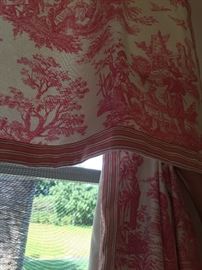 Custom pink toile draperies with matching comforter and shams. 