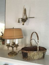 Early American lamp, brass candle snuffer, natural bark basket